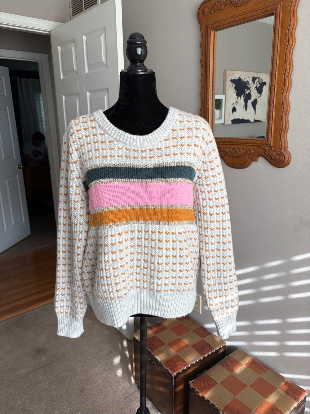 Madewell White Knit Crewneck Sweater with Pink, Mustard & Green Stripes
